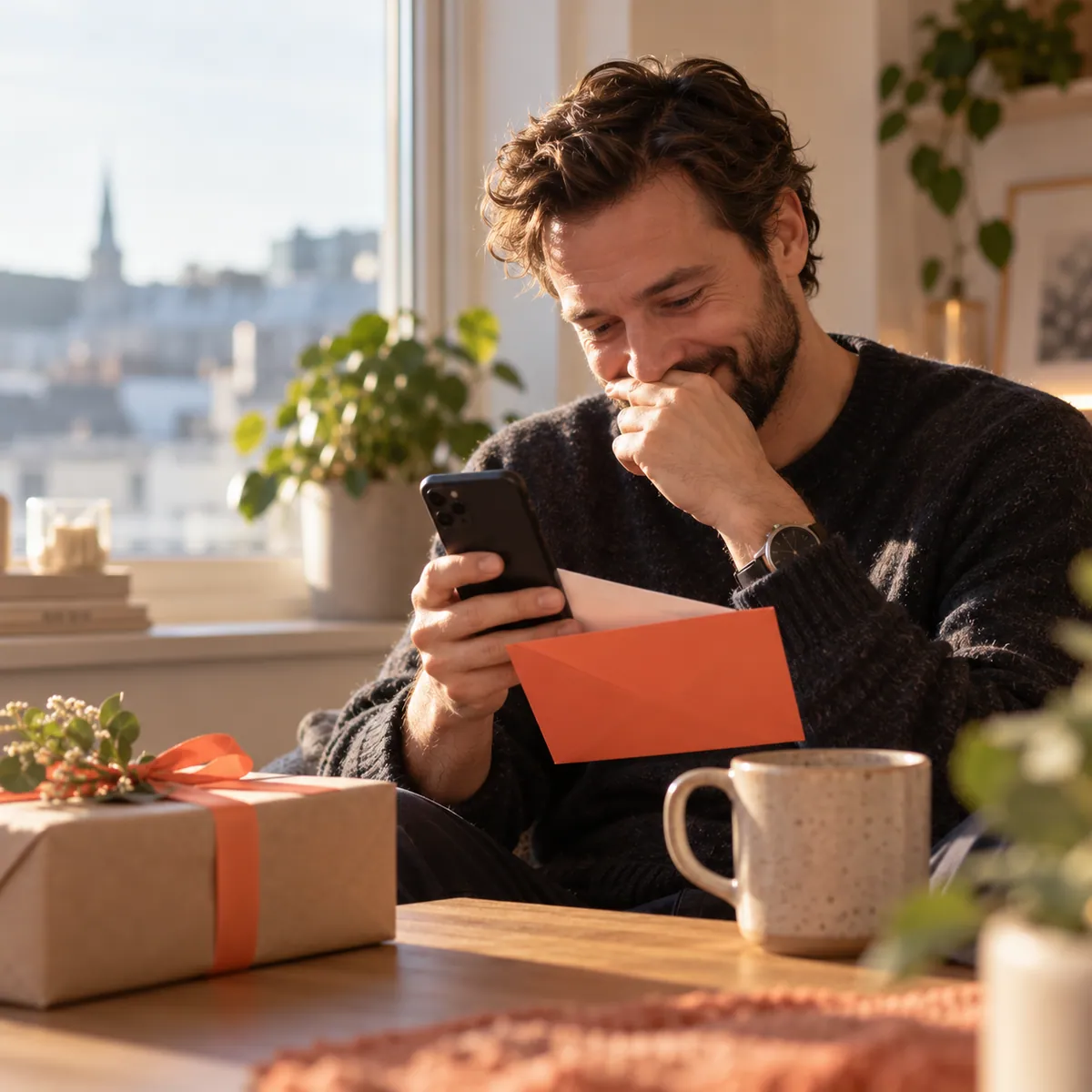 En mann åpner en gavekonvolutt og ser på mobilen