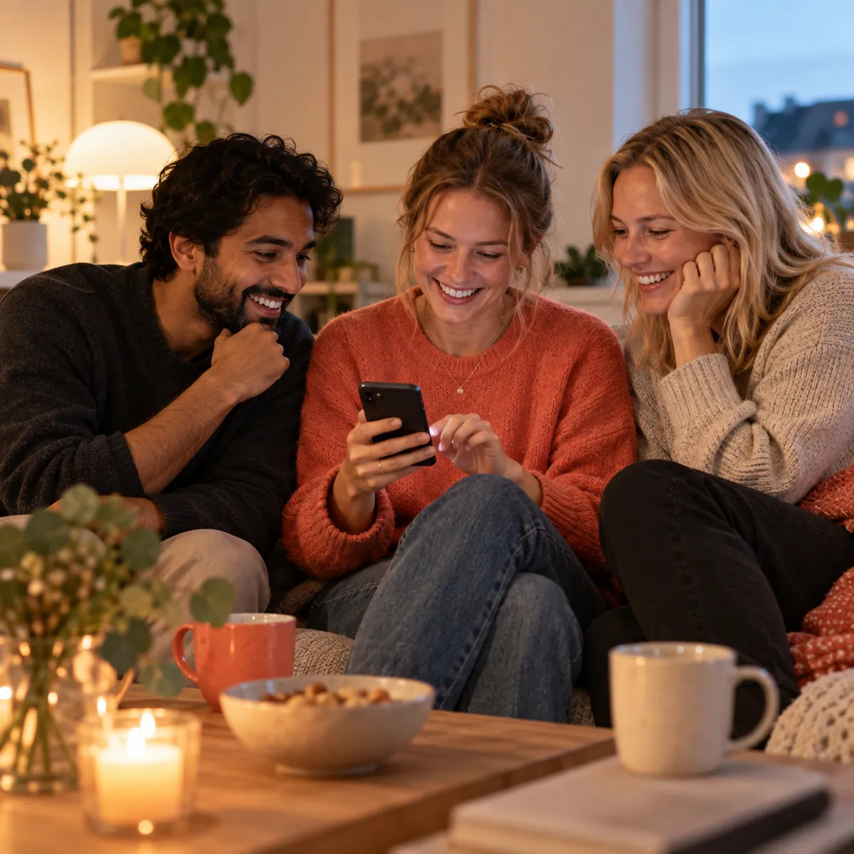 Tre venner i en sofa ser på en mobil sammen