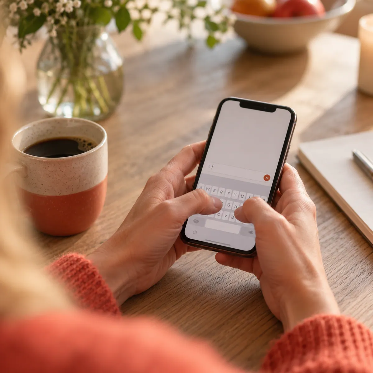 Hender som skriver en hilsen på mobilen ved siden av en korallfarget kopp