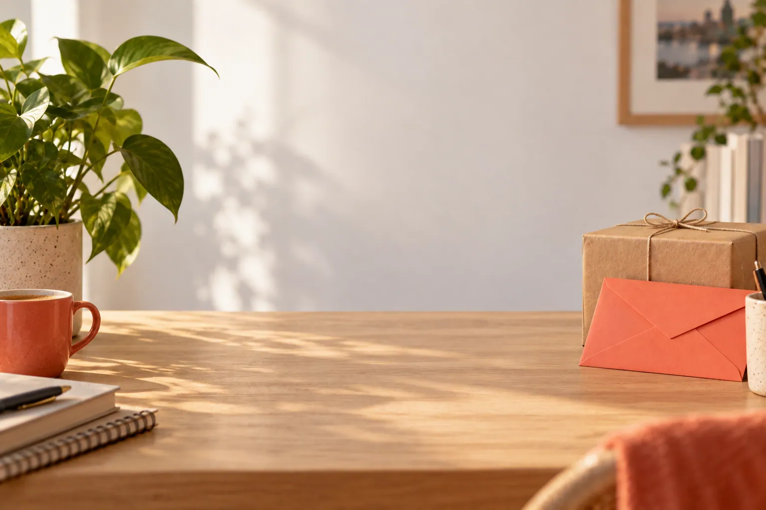 Skrivebord med plante, pakke og korallfarget konvolutt