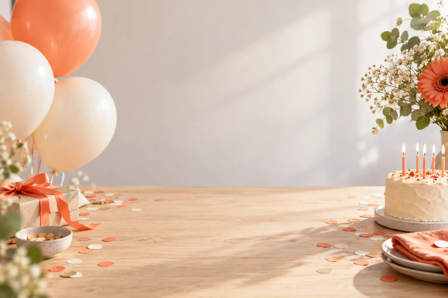 Ballonger og konfetti på et bord